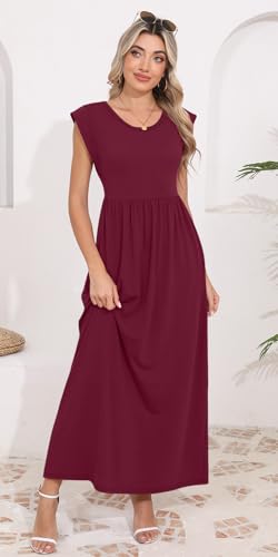Image of DB MOON Womens 2026 Maxi Dresses Empire Waist Long Summer Dress Casual Cap Short Sleeve Sundress with Pockets
