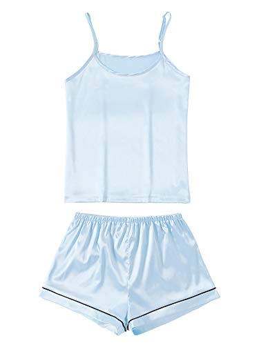 Lyaner Women's Pajamas Set 7Pcs Silk Satin Sleepwear Loungewear Cami Shirt Pj Set Sky Blue Medium #TOP2