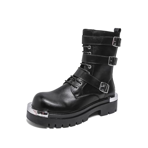 Men's Leather Lace Up Platform Military Combat Boots with Multiple Buckle Side Zip Chunky Heel Goth Motorcycle Trendy Round Toe Lug Sole Non Slip Comfort Y2K Boots for Motorcycle Rides Daily Work (Black,9.5)