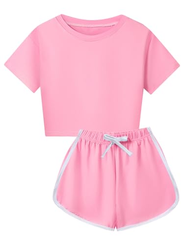 Zaldita Ropa deportiva cómoda para mujer y niña, manga corta, camiseta y pantalones cortos, set de verano, fitness, tiempo libre, Rosa., 158-164