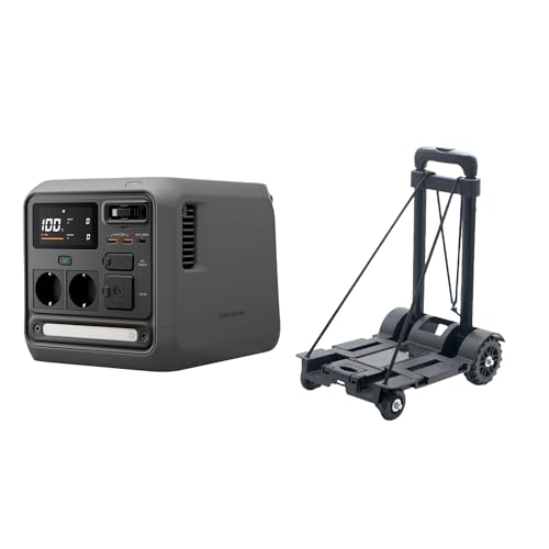 DJI Power 1000 Mini Station électrique portable, batterie LiFePO4 1008 Wh, taille compacte, puissance de sortie maximale 1000 W, et chariot adapté à la station.