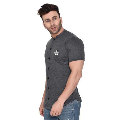 Image of Geum Men's Mandarin Collar Shirt with Graphic Print| Short Sleeve Cotton Blend Slim Fit Casual Shirt for Men