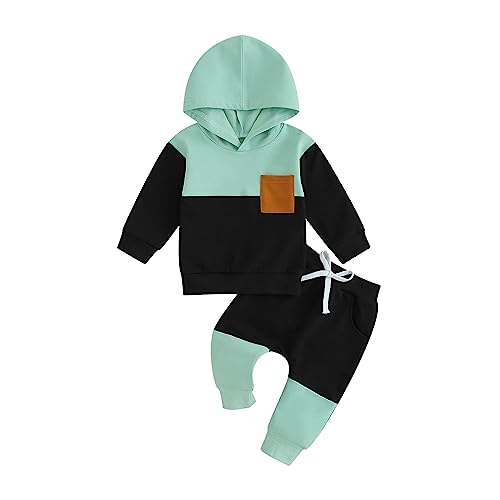 Image of Toddler Baby Boy Clothes Set Long Sleeve Checkerboard Patchwork Hooded Tops Pants Cute Infant Newborn Fall Outfit