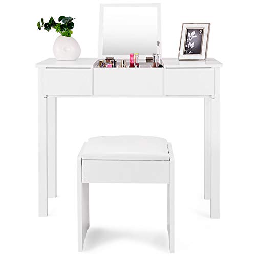 Vanity Table with Flip Top Mirror, Solid Wood Makeup Dressing Table , Writing Desk with Cushioned Stool Set, 2 Drawers for Different Sized Makeup Accessories, Bedroom Bathroom Organizers (White)