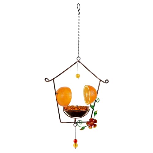 FORUP Oriole Bird Feeder for Outdoors Jelly and Oranges, Orange Fruit Oriole Jelly Bird Feeder, Outdoor Garden Metal Hanging Drinking Grape Jelly Container, House Shape