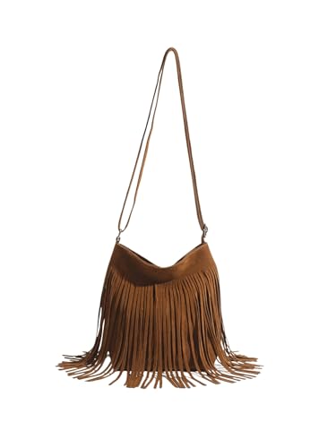 Verdusa Bolsa tiracolo feminina com franjas, boho, borla, Hobo, bolsa de ombro, Marrom, One Size