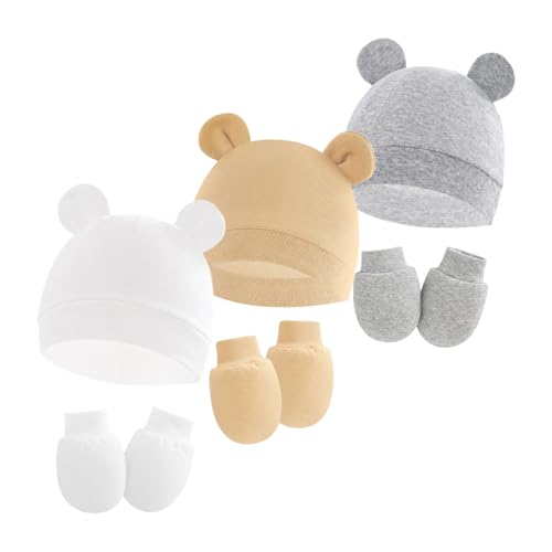 Image of SNOWIE SOFT 3-Pack Cotton Baby Mittens Set 0 to 6 Months, Soft Stretchy Infant Hats with Cute Bear Ears, Newborn Warm Caps and Mittens Multicolour