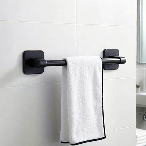 Image of Amazon Basics Self Adhesive Towel Rod for Bathroom No Drill - 12 Inch Rust Resistant Aluminum Towel Holder, Strong Adhesive Wall Mounted Towel Hanger for Bathroom & Kitchen Pack of 1