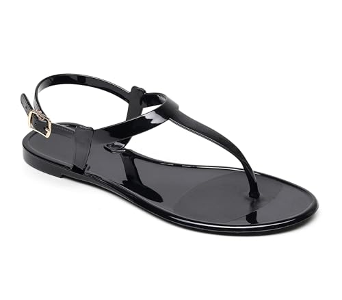 Libbook Womens Sandals Jelly Shoes Thong Flip Flops Flat for Ladies Black Slides Size 6 T-Strap Jellies Slippers with Adjustable Strap Buckle Summer Beach Dressy