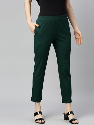 Image of MINELLI Women Solid Cigar Pants, Cotton Lycra Slub Fabric, Elasticated Waistband, Pull On Style, Regular Fit Bottom Wear for Western and Ethnic Wear