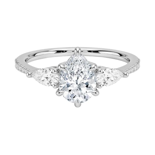 1 CT Pear Cut Lab Grown Diamond Three Stone Accented Engagement Ring
