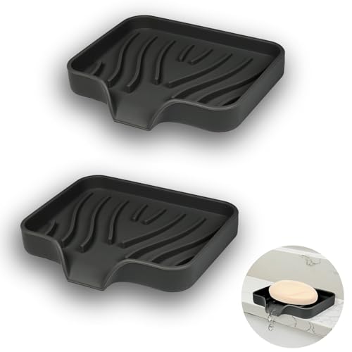 YoHyien 2 Piezas Jabonera de Silicona, con Drenaje y Esponja, Jaboneras para Pastillas de Jabón, Diseño Antideslizante para Baño, Cocina, Ducha (Negro)