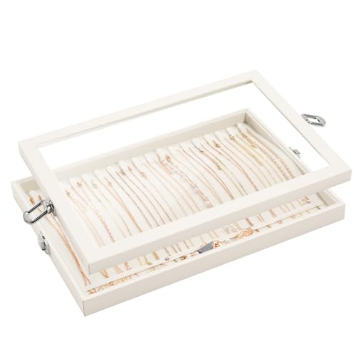 Lolalet Jewelry Organizer Tray with Lid, 18 Hooks Velvet Necklace Organizer Holder Storage Box for Drawer -Beige