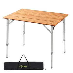 ATEPA Table de Camping Pliante Table de Pique-Nique Portable en Bambou avec 3 Hauteur Réglable 45/52/65cm Revêtement Anti-UV Léger Durable pour 2 à 6 Personnes à Plage Parc Jardin Cour et Maison