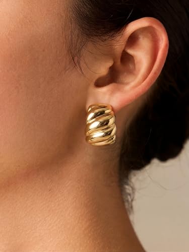 Image of Chunky Gold Hoop Earrings for Women, 14k Gold Plated Thick Triple Hoop Earrings Hypoallergenic Trendy Chunky Gold Hoops Earrings Dainty Jewelry Gifts for Women