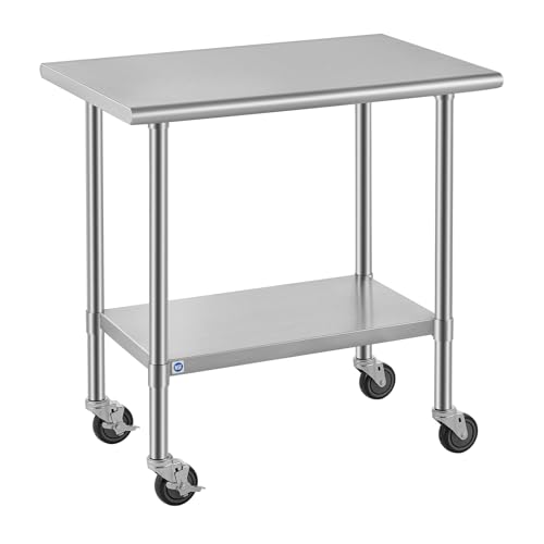 Image of ROCKPOINT All Stainless Steel Prep Table with Caster 24x36 Inch, Commercial Heavy Duty Workbench with Stainless Legs & Adjustable Undershelf, 750 lb Capacity for Outdoor Kitchens with Wheel