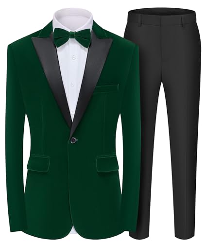MAGE MALE Men's 2 Piece Velvet Suit Peak Lapel One Button Slim Fit Tuxedo Blazer Party Dinner Jacket & Pants