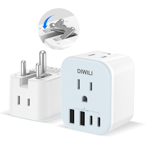 DIWILI US to India Travel Plug Adapter Foldable India Power Adapter with 4 USB(2 USB C Port) and 2 AC Outlets Charger Type D Adaptor for US to India Bangladesh Maldives Nepal Pakistan Sri Lanka