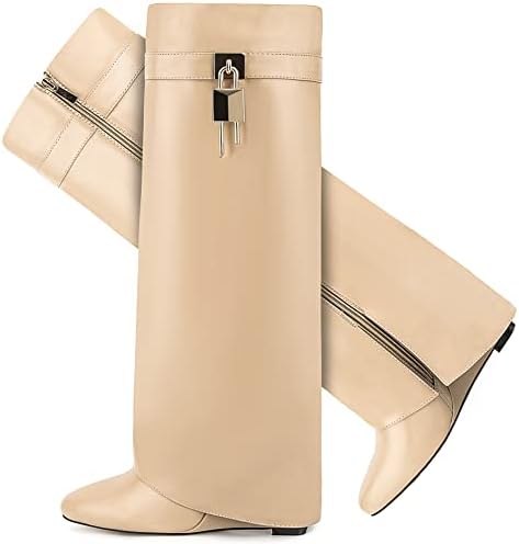 Fold Over Boots for Women Pointy Pull-on Wedge Heel Knee Shark Bo...