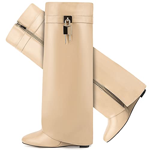 Image of Fold Over Boots for Women Pointy Pull-on Wedge Heel Knee Shark Boot With Side Zipper Padlock Design