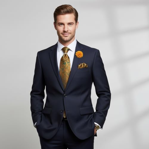 Image of 5PCS Mens Premium Silk Tie, Pocket Square, Cufflinks, Drilled Tie Ring and Lapel Pin Set for Wedding Groom Party