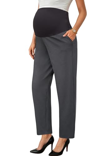 Womens Stretchy Maternity Pants with Belly Band, Ankle Straight Leg Trousers