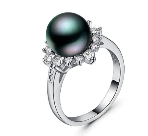 Awmnjtmgpw 925 Sterling Silver cut Freshwater Pearl Ring Black Pearl lady ring wedding ring size 6-10
