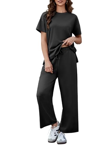 PINSPARK 2 Piece Sets for Women Soft Short Sleeve Matching Lounge Set Wide Leg Pants Tracksuit Travel Summer Outfits 2025