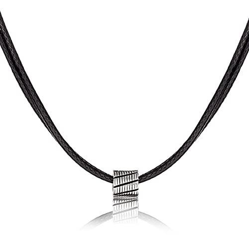 Mens Leather Necklace Black Fabric Necklace For Men Set With a Stainless Steel Bead - Handmade Choker Necklace For Men - 17.7” Total Length