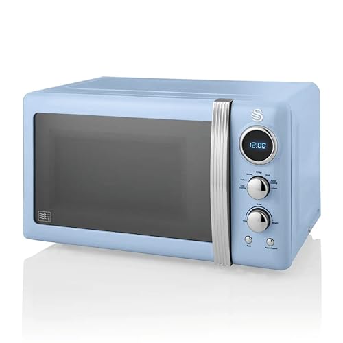 Swan SM22030LBLN Retro LED Digital Microwave with Glass Turntable, 5 Power levels & Defrost Setting, 20L, 800W, Blue