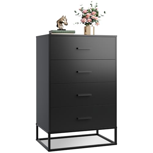 WLIVE Black Dresser for Bedroom with 4 Drawers, Tall Wood Dresser with Sturdy Metal Frame, Wooden...