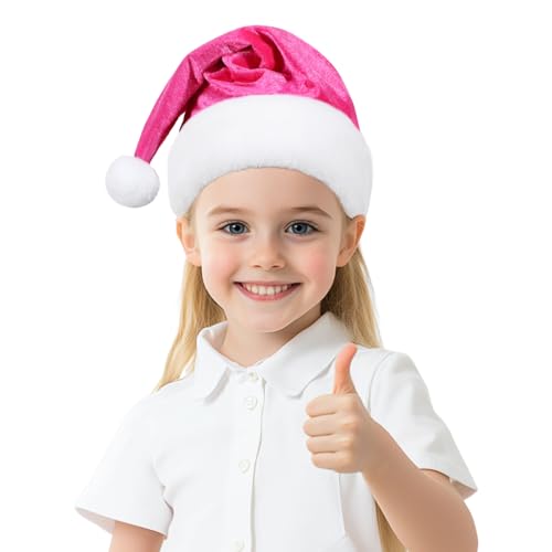 JKSVE Santa Hat for Kids, Velvet Christmas Hat with Pom Pom for Holiday Parties, Pink