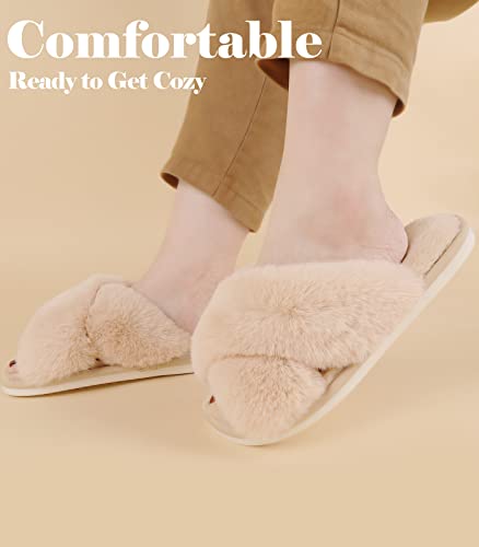 Ankis Camel Womens Fuzzy Slippers - 2Pair Cozy, Soft, Comfy, Relax Fluffy Slippers, Cross Band, Open Toe, Non-Slip Womens Slippers, Indoor And Outdoor Fluffy Slippers, Fuzzy Slippers Size 7-8 #TOP1