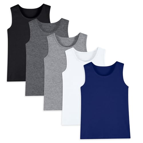 Hercugifts 5 Pack Boys Tank Tops Cotton Undershirts Kids Sleeveless Crew Neck Tank Tops for Toddlers Youth(Age 2-16), Black,dark Grey,light Grey,white,navy, 14-16 Years