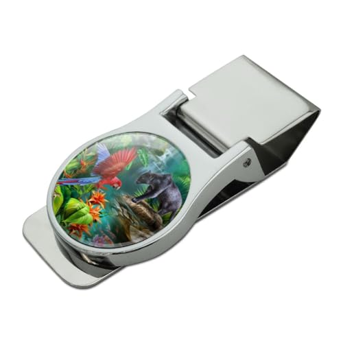 Scarlet Macaw and Jaguar Satin Chrome Plated Metal Money Clip