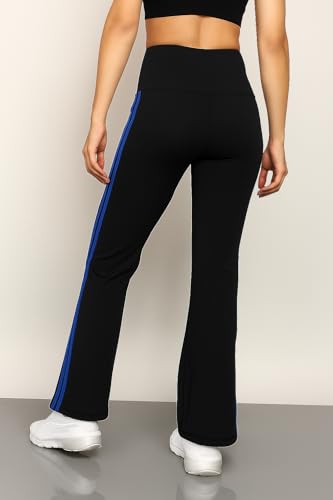 Image of Women's Black Flared Yoga Pants with Neon Green Side Stripes | High Waist Stretch Bootcut Workout Trousers