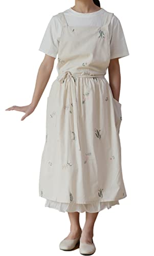 Losofar Embroidered Cotton Pleated Apron Retro Waterdrop Proof Garden Cleaning Pinafore Dress (Floral Beige, 103Cmx86Cm) #TOP4