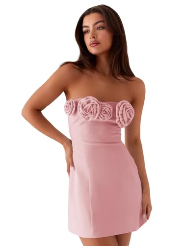 Satin Homecoming Dresses for Teens Strapless 3D Flowers Short Bodycon Mini HOCO Cocktail Party Gowns