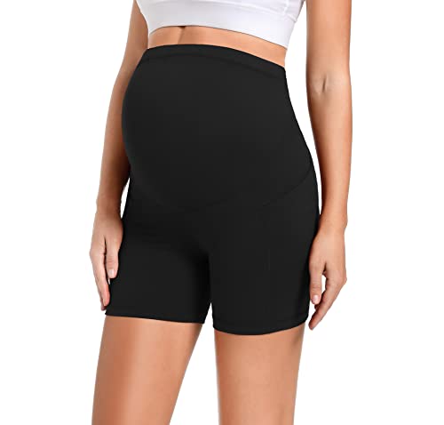 Foucome Women's Maternity Biker Shorts Over The Belly 5" Yoga Workout Running Athletic Short Pants With Pockets Black, M #TOP2