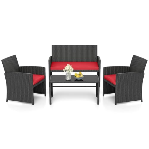 GIANTEX Ensemble de Salon de Jardin Exterieur en Rotin PE 4 Pièces, Canapé 2 Places, 2 Fauteuils, Table Basse, Plateau en Verre, pour 4 personnes, Mobilier...