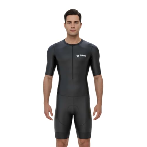 Image of Sikma Men’s Half Sleeve Trisuit Breathable Mesh Triathlon Padded Suit with Hi Viz Reflection and Power Band Leg Grippers Trisuit (Black, Large)