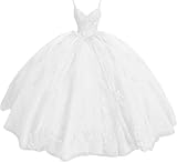 MeowAhwoo Sweetheart White Quinceanera Dresses Lace Applique Prom Dresses Long Ball Gowns with Train V-Neck Pageant Princess Dresses Size 2