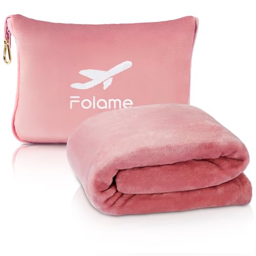 Folame Soft Travel Blanket and Pillow - 2 in 1 Airplane Blanket Compact with Soft Bag Pillowcase, Luggage Belt and Backpack Clip, Portable Long Flight Essentials for Travel/Pink