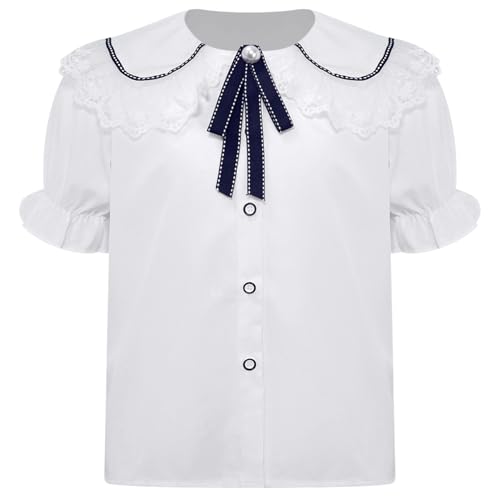 FEESHOW Girls Summer Puff Short Sleeve Button Down Shirts Kids Ruffle Hem Turn-Down Collar Blouse 5-16 Years