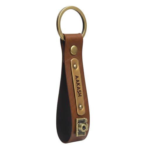 Image of Men's Leather Keychain Name Leather Keychain for Mens | Personalized Keychains with Printed Customized Keychains for Men | Customised Gift Set for Men with Name & Charm, Brown