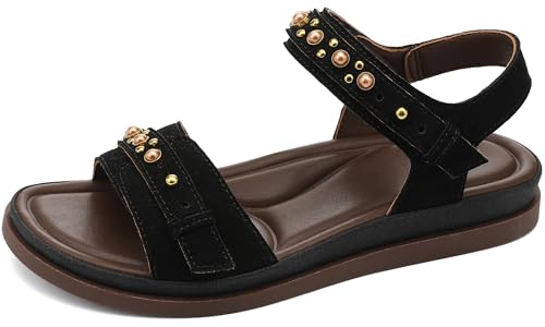 Image of UBFEN Womens Flat Sandals with Adjustable Back Strap, Arch Support | Beaded, Open Toe, Slingback, Casual, Comfortable for Walking, Vacation and Travel