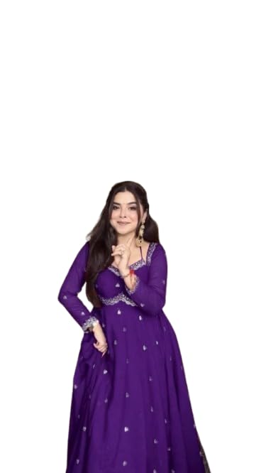 Image of Quteanza Fashion Women's Faux Georgette Purple Embroidered Anarkali Gown with Dupatta | Women's Embroidered Long Anarkali Gown with Dupatta