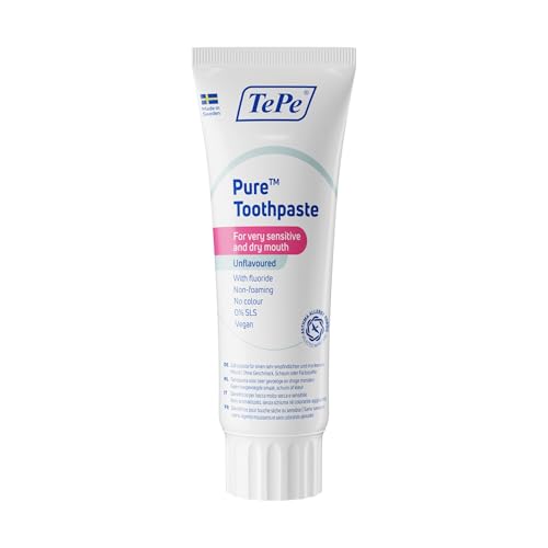 Pasta dental TePe Pure, sin sabor, pasta dentífrica con flúor muy suave de uso diario para encías muy sensibles y sequedad bucal, nivel de flúor adecuado para la edad