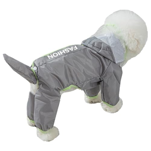 AttRex ドッグウェア 中型犬 小型犬用 レインコート 帽子付き 反射素材 リード用穴 4本足 かっぱ 雨具 防水 防風 軽量 汚れ防止 着脱簡単 散歩 梅雨対策 (S,グレー・グリーン)