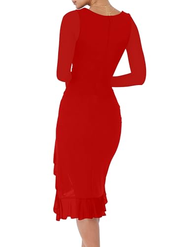 Image of BORIFLORS Women's Elegant Ruched Bodycon Midi Cocktail Dresses | Long Sleeve, Fall Winter, Square Neck, Ruffle Hem, Party Dress
